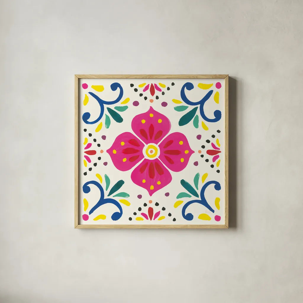 Floral Fiesta White Tile IX by Laura Marshall. Shown in a natural wood glass frame for a timeless modern aesthetic. Available as an archival giclee rolled canvas, fine art paper, or poster print. SKU 41528a.