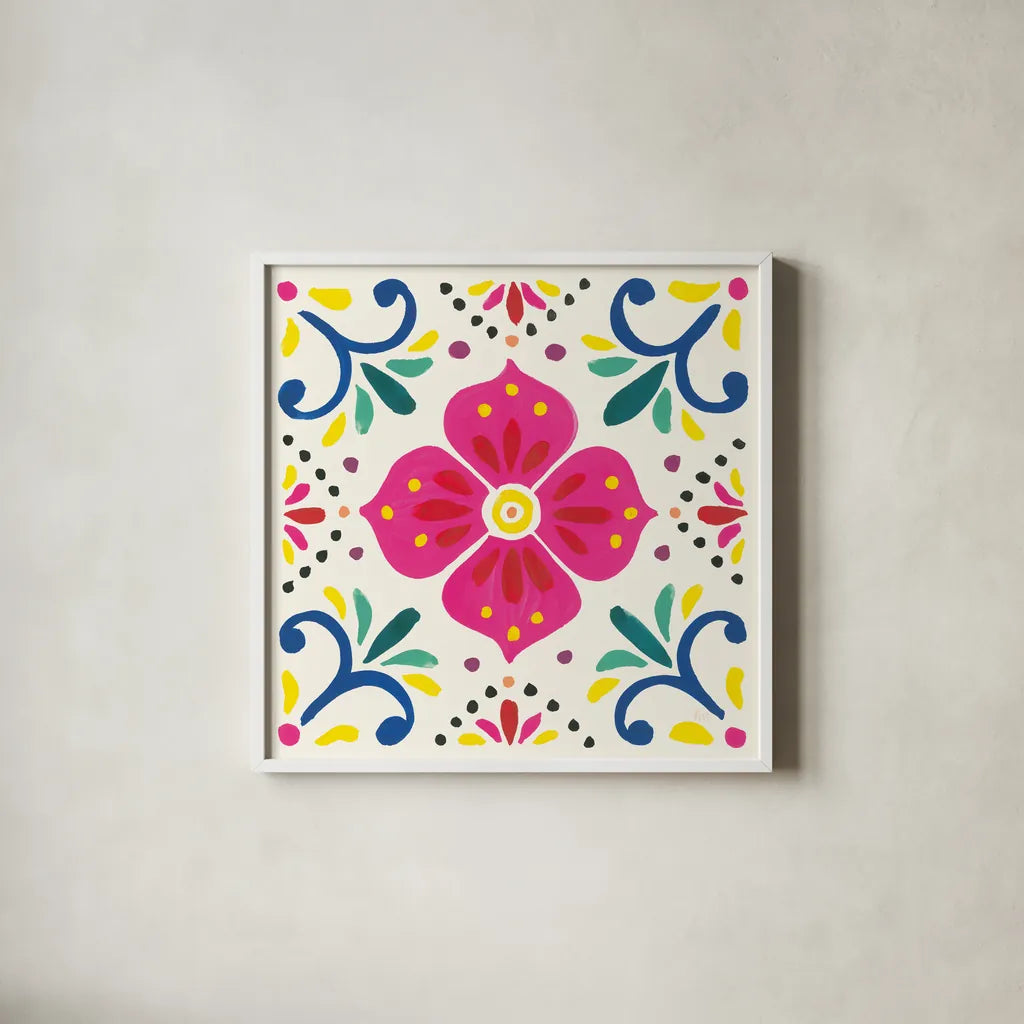 Floral Fiesta White Tile IX by Laura Marshall. Shown in a crisp white glass frame for a clean and minimalist style. Available as an archival giclee rolled canvas, fine art paper, or poster print. SKU 41528a.
