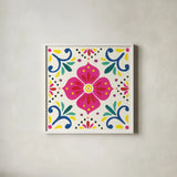 Floral Fiesta White Tile IX by Laura Marshall. Shown in a crisp white glass frame for a clean and minimalist style. Available as an archival giclee rolled canvas, fine art paper, or poster print. SKU 41528a.