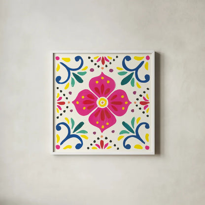 Floral Fiesta White Tile IX by Laura Marshall. Shown in a crisp white glass frame for a clean and minimalist style. Available as an archival giclee rolled canvas, fine art paper, or poster print. SKU 41528a.