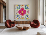 Floral Fiesta White Tile IX by Laura Marshall. Shown as extra-large giant wall art in a modern living room. Available as an archival giclee rolled canvas, fine art paper, or poster print. SKU 41528a.