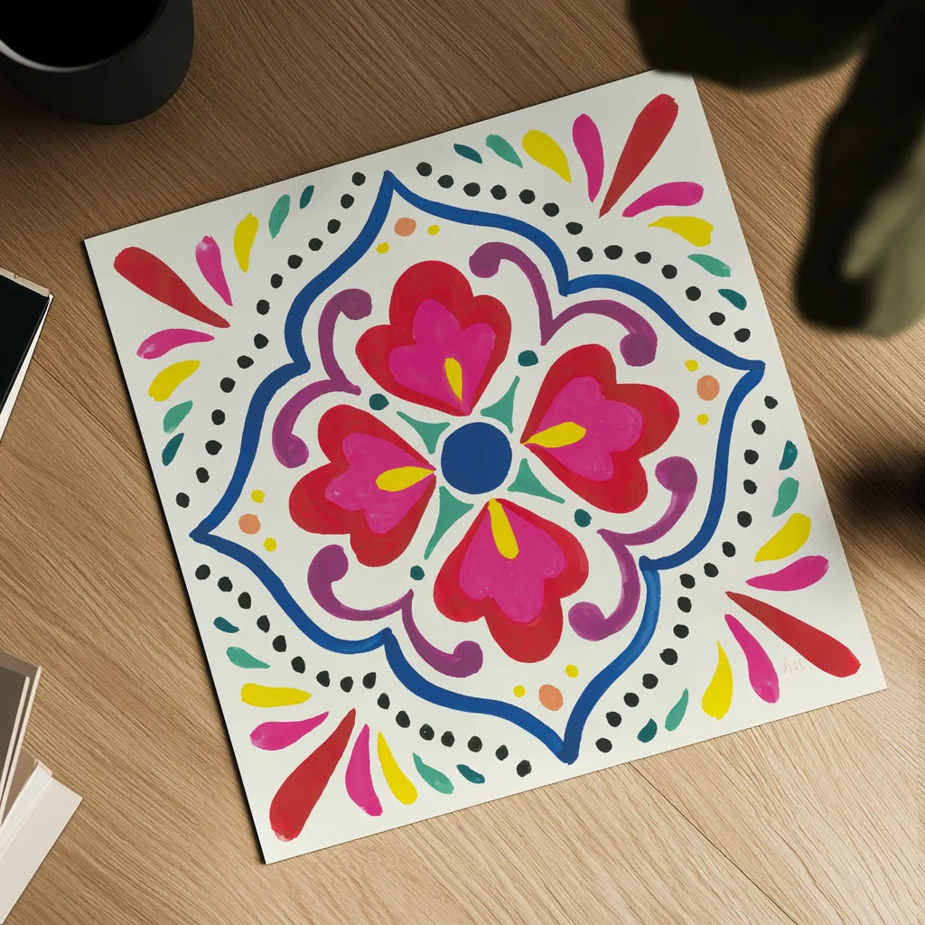 Floral Fiesta White Tile V by Laura Marshall. Shown as a detailed flat fine art print, highlighting archival giclee quality. Available as an archival giclee rolled canvas, fine art paper, or poster print. SKU 41524a.