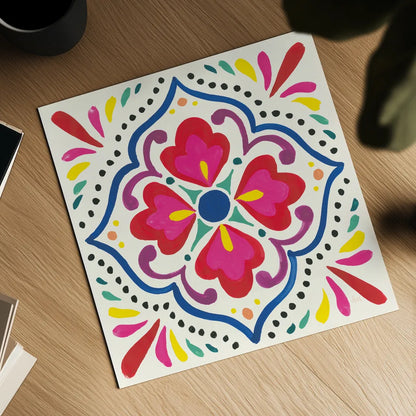 Floral Fiesta White Tile V by Laura Marshall. Shown as a detailed flat fine art print, highlighting archival giclee quality. Available as an archival giclee rolled canvas, fine art paper, or poster print. SKU 41524a.