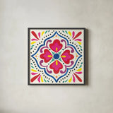 Floral Fiesta White Tile V by Laura Marshall. Shown in a sleek black glass frame for a contemporary gallery look. Available as an archival giclee rolled canvas, fine art paper, or poster print. SKU 41524a.