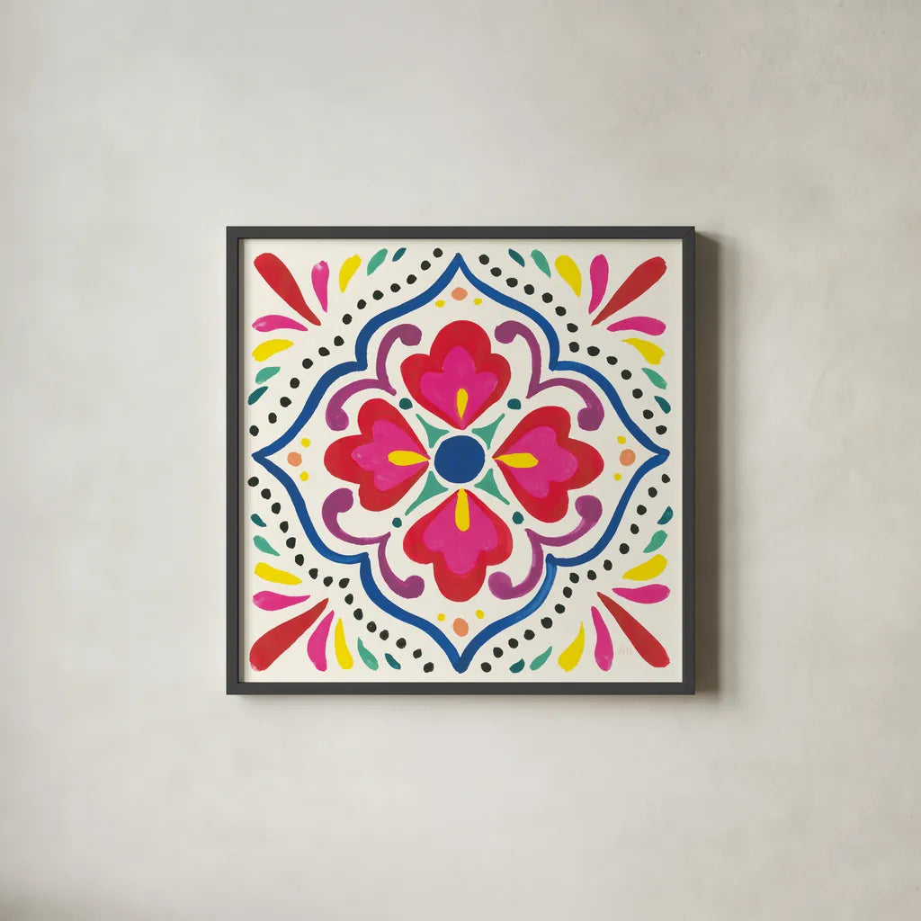 Floral Fiesta White Tile V by Laura Marshall. Shown in a sleek black glass frame for a contemporary gallery look. Available as an archival giclee rolled canvas, fine art paper, or poster print. SKU 41524a.