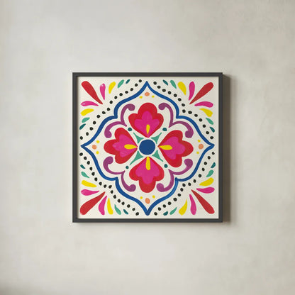 Floral Fiesta White Tile V by Laura Marshall. Shown in a sleek black glass frame for a contemporary gallery look. Available as an archival giclee rolled canvas, fine art paper, or poster print. SKU 41524a.