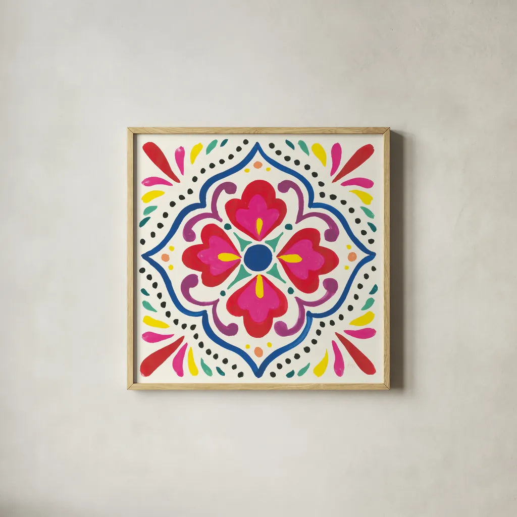 Floral Fiesta White Tile V by Laura Marshall. Shown in a natural wood glass frame for a timeless modern aesthetic. Available as an archival giclee rolled canvas, fine art paper, or poster print. SKU 41524a.