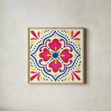 Floral Fiesta White Tile V by Laura Marshall. Shown in a natural wood glass frame for a timeless modern aesthetic. Available as an archival giclee rolled canvas, fine art paper, or poster print. SKU 41524a.