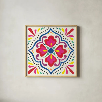 Floral Fiesta White Tile V by Laura Marshall. Shown in a natural wood glass frame for a timeless modern aesthetic. Available as an archival giclee rolled canvas, fine art paper, or poster print. SKU 41524a.