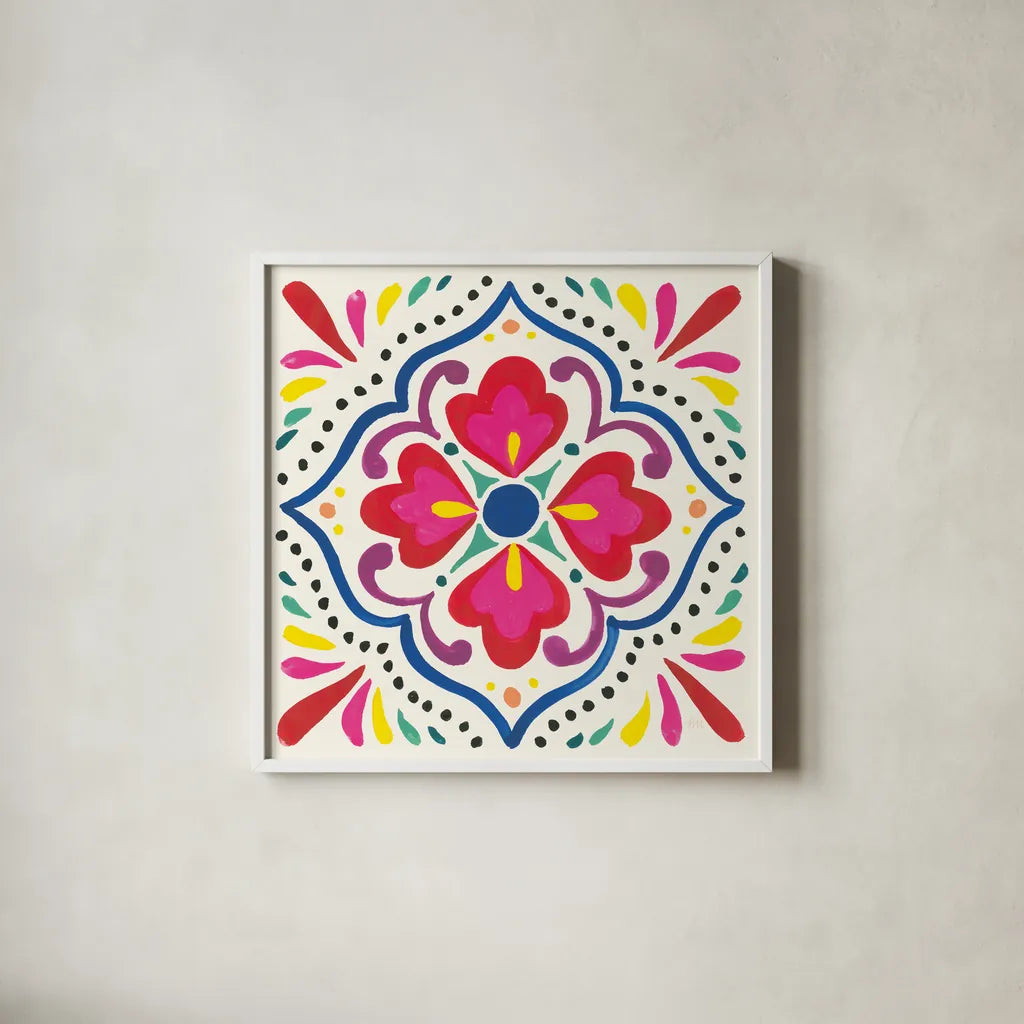 Floral Fiesta White Tile V by Laura Marshall. Shown in a crisp white glass frame for a clean and minimalist style. Available as an archival giclee rolled canvas, fine art paper, or poster print. SKU 41524a.