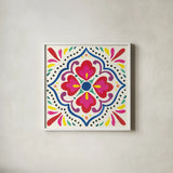 Floral Fiesta White Tile V by Laura Marshall. Shown in a crisp white glass frame for a clean and minimalist style. Available as an archival giclee rolled canvas, fine art paper, or poster print. SKU 41524a.
