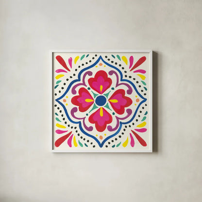 Floral Fiesta White Tile V by Laura Marshall. Shown in a crisp white glass frame for a clean and minimalist style. Available as an archival giclee rolled canvas, fine art paper, or poster print. SKU 41524a.
