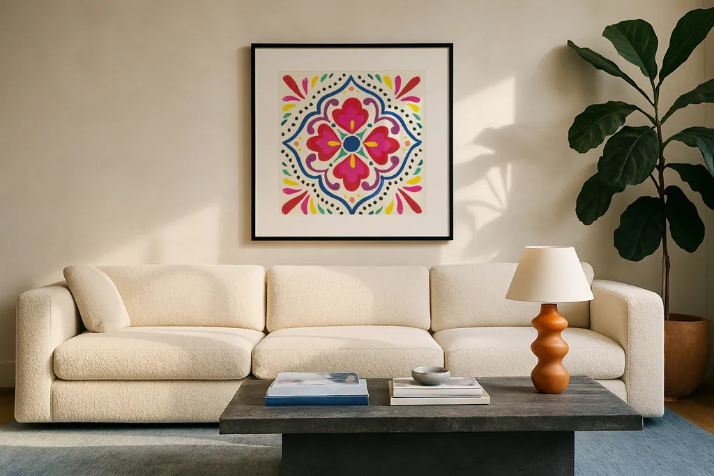 Floral Fiesta White Tile V by Laura Marshall. Displayed in a glass frame with matte in a clean modern living room. Available as an archival giclee rolled canvas, fine art paper, or poster print. SKU 41524a.