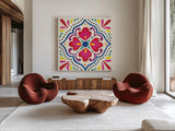 Floral Fiesta White Tile V by Laura Marshall. Shown as extra-large giant wall art in a modern living room. Available as an archival giclee rolled canvas, fine art paper, or poster print. SKU 41524a.
