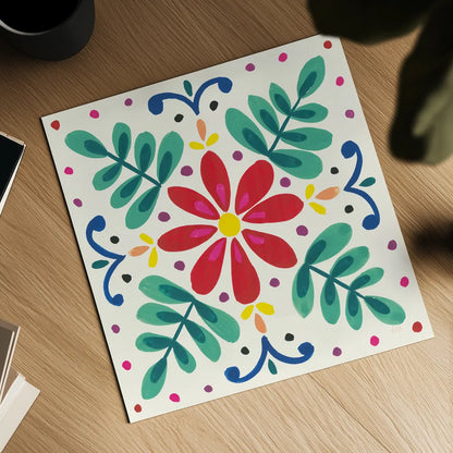 Floral Fiesta White Tile VI by Laura Marshall. Shown as a detailed flat fine art print, highlighting archival giclee quality. Available as an archival giclee rolled canvas, fine art paper, or poster print. SKU 41525a.