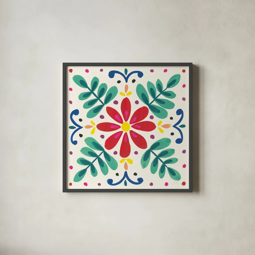 Floral Fiesta White Tile VI by Laura Marshall. Shown in a sleek black glass frame for a contemporary gallery look. Available as an archival giclee rolled canvas, fine art paper, or poster print. SKU 41525a.