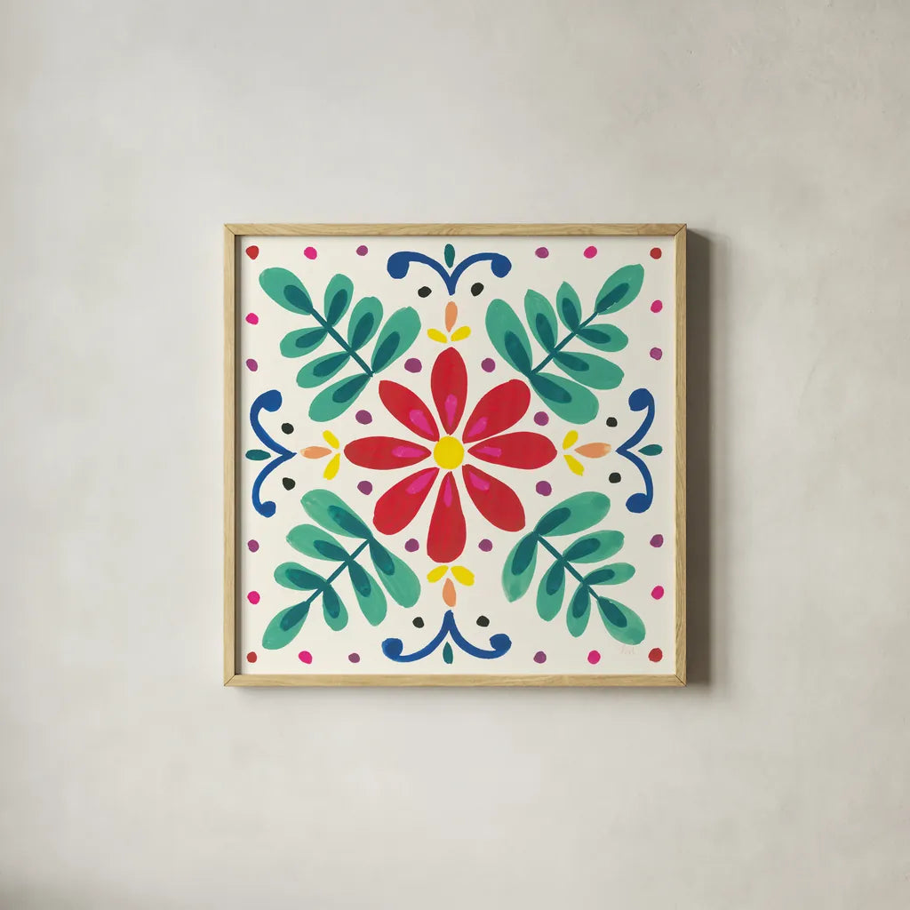 Floral Fiesta White Tile VI by Laura Marshall. Shown in a natural wood glass frame for a timeless modern aesthetic. Available as an archival giclee rolled canvas, fine art paper, or poster print. SKU 41525a.