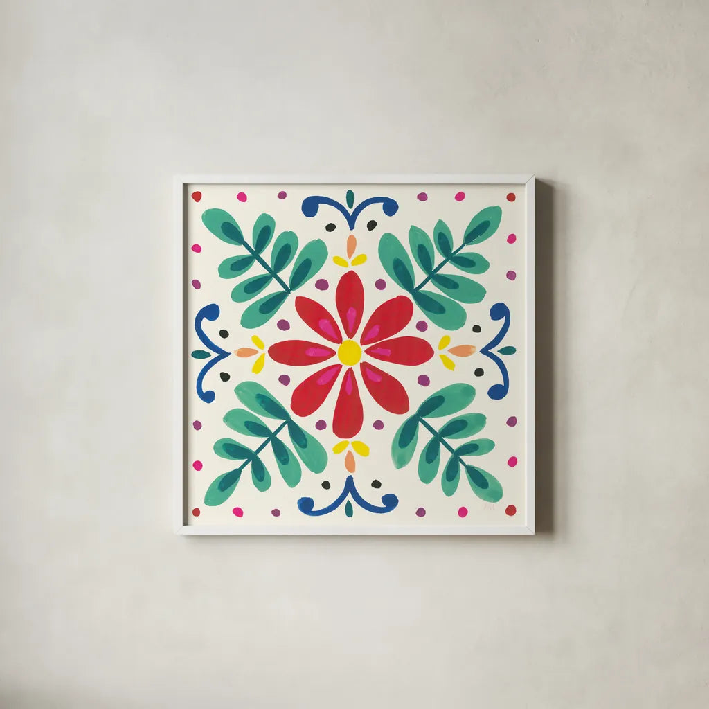 Floral Fiesta White Tile VI by Laura Marshall. Shown in a crisp white glass frame for a clean and minimalist style. Available as an archival giclee rolled canvas, fine art paper, or poster print. SKU 41525a.