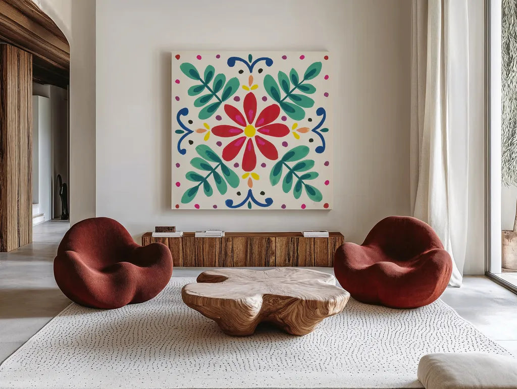 Floral Fiesta White Tile VI by Laura Marshall. Shown as extra-large giant wall art in a modern living room. Available as an archival giclee rolled canvas, fine art paper, or poster print. SKU 41525a.
