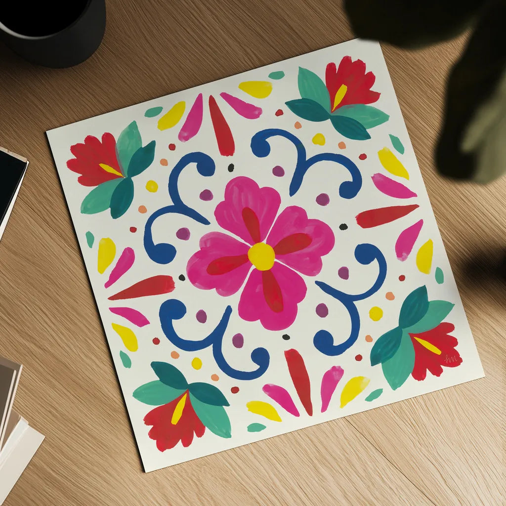 Floral Fiesta White Tile VII by Laura Marshall. Shown as a detailed flat fine art print, highlighting archival giclee quality. Available as an archival giclee rolled canvas, fine art paper, or poster print. SKU 41526a.