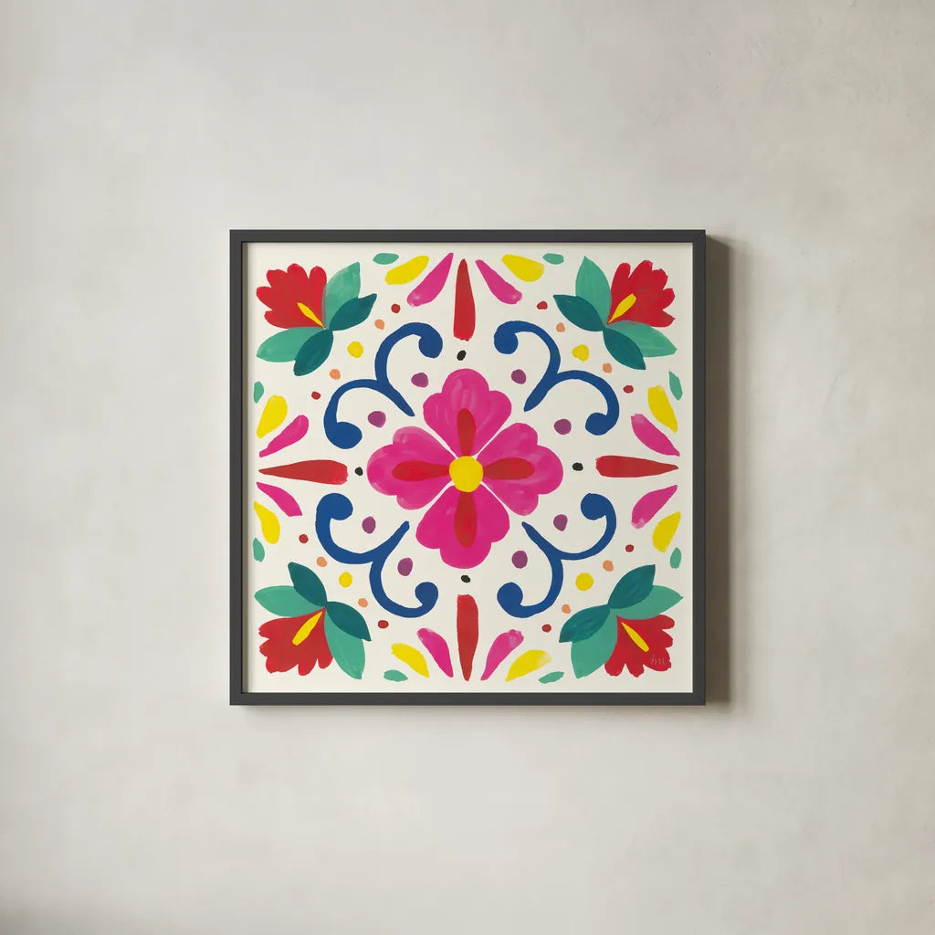 Floral Fiesta White Tile VII by Laura Marshall. Shown in a sleek black glass frame for a contemporary gallery look. Available as an archival giclee rolled canvas, fine art paper, or poster print. SKU 41526a.