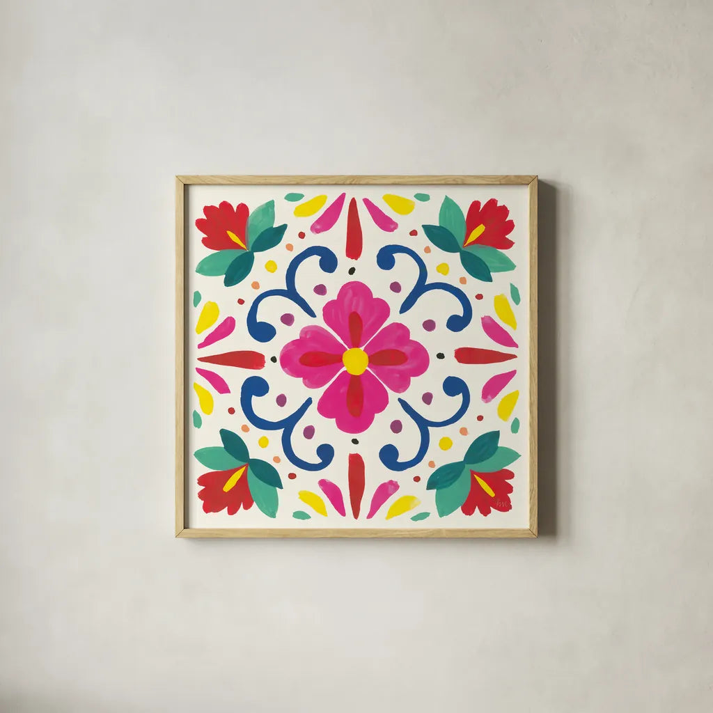 Floral Fiesta White Tile VII by Laura Marshall. Shown in a natural wood glass frame for a timeless modern aesthetic. Available as an archival giclee rolled canvas, fine art paper, or poster print. SKU 41526a.