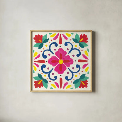 Floral Fiesta White Tile VII by Laura Marshall. Shown in a natural wood glass frame for a timeless modern aesthetic. Available as an archival giclee rolled canvas, fine art paper, or poster print. SKU 41526a.