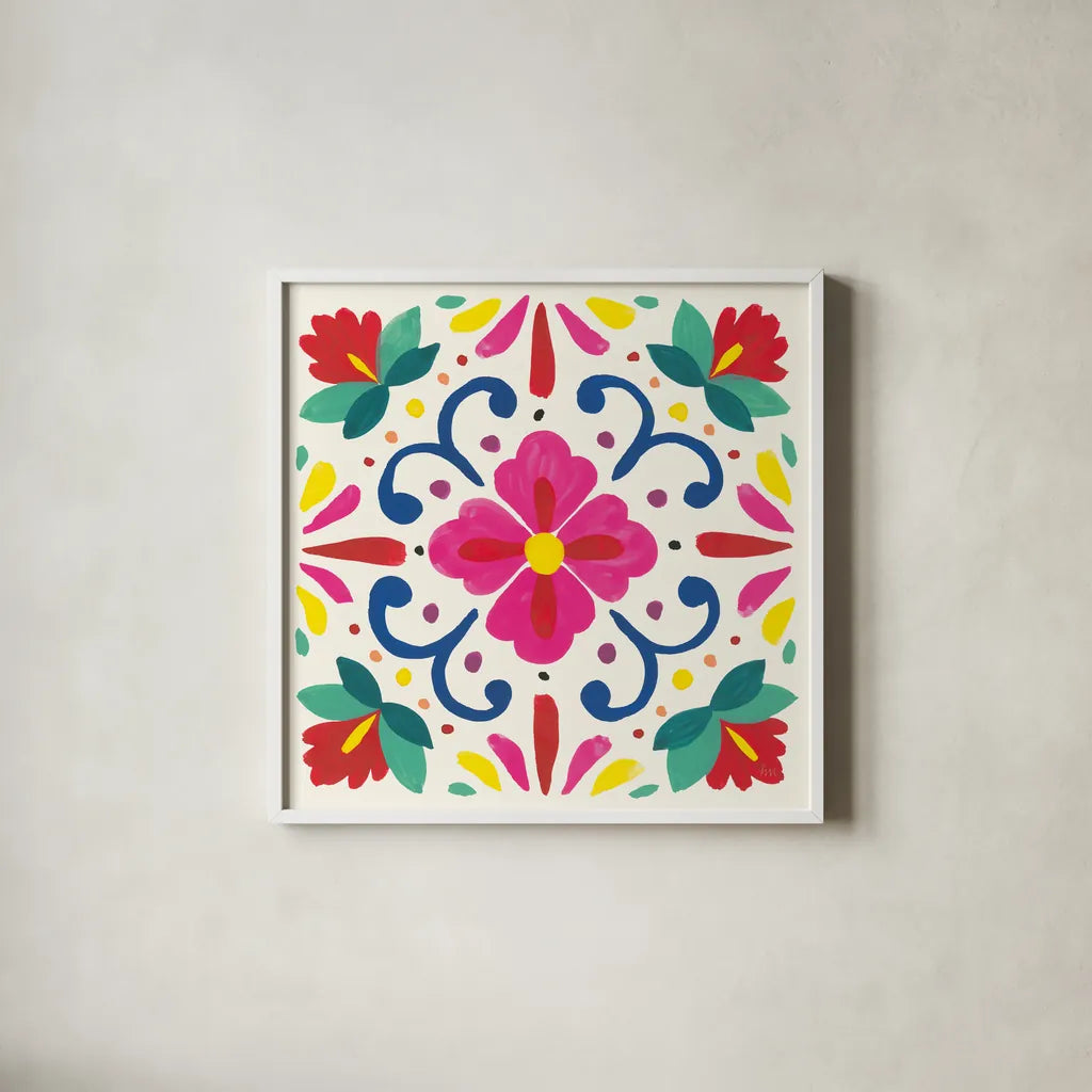 Floral Fiesta White Tile VII by Laura Marshall. Shown in a crisp white glass frame for a clean and minimalist style. Available as an archival giclee rolled canvas, fine art paper, or poster print. SKU 41526a.