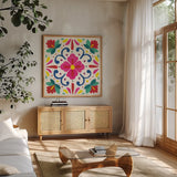 Floral Fiesta White Tile VII by Laura Marshall. Shown in a natural wood frame in a cozy modern living room. Available as an archival giclee rolled canvas, fine art paper, or poster print. SKU 41526a.