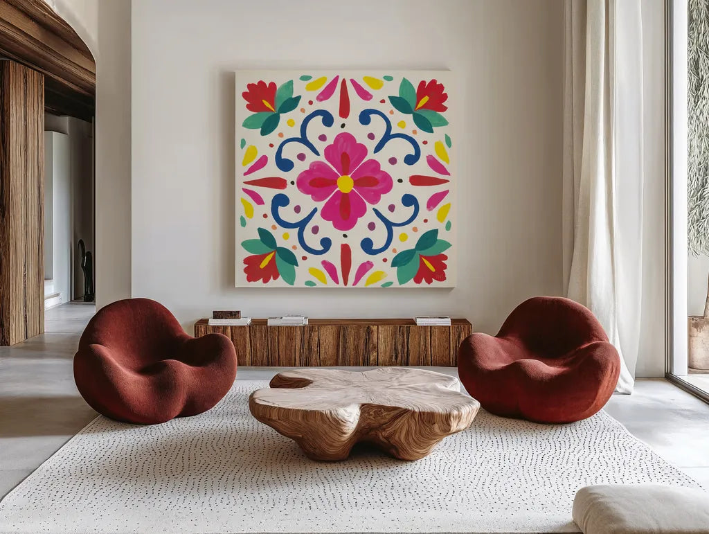 Floral Fiesta White Tile VII by Laura Marshall. Shown as extra-large giant wall art in a modern living room. Available as an archival giclee rolled canvas, fine art paper, or poster print. SKU 41526a.