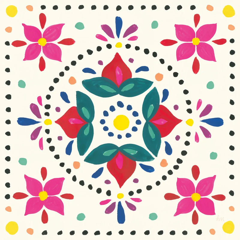 Floral Fiesta White Tile VIII by Laura Marshall. SKU 41527a. Archival Giclee Fine art print for wall decor.
