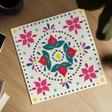 Floral Fiesta White Tile VIII by Laura Marshall. Shown as a detailed flat fine art print, highlighting archival giclee quality. Available as an archival giclee rolled canvas, fine art paper, or poster print. SKU 41527a.