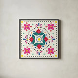 Floral Fiesta White Tile VIII by Laura Marshall. Shown in a sleek black glass frame for a contemporary gallery look. Available as an archival giclee rolled canvas, fine art paper, or poster print. SKU 41527a.