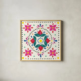 Floral Fiesta White Tile VIII by Laura Marshall. Shown in a natural wood glass frame for a timeless modern aesthetic. Available as an archival giclee rolled canvas, fine art paper, or poster print. SKU 41527a.