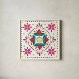 Floral Fiesta White Tile VIII by Laura Marshall. Shown in a crisp white glass frame for a clean and minimalist style. Available as an archival giclee rolled canvas, fine art paper, or poster print. SKU 41527a.