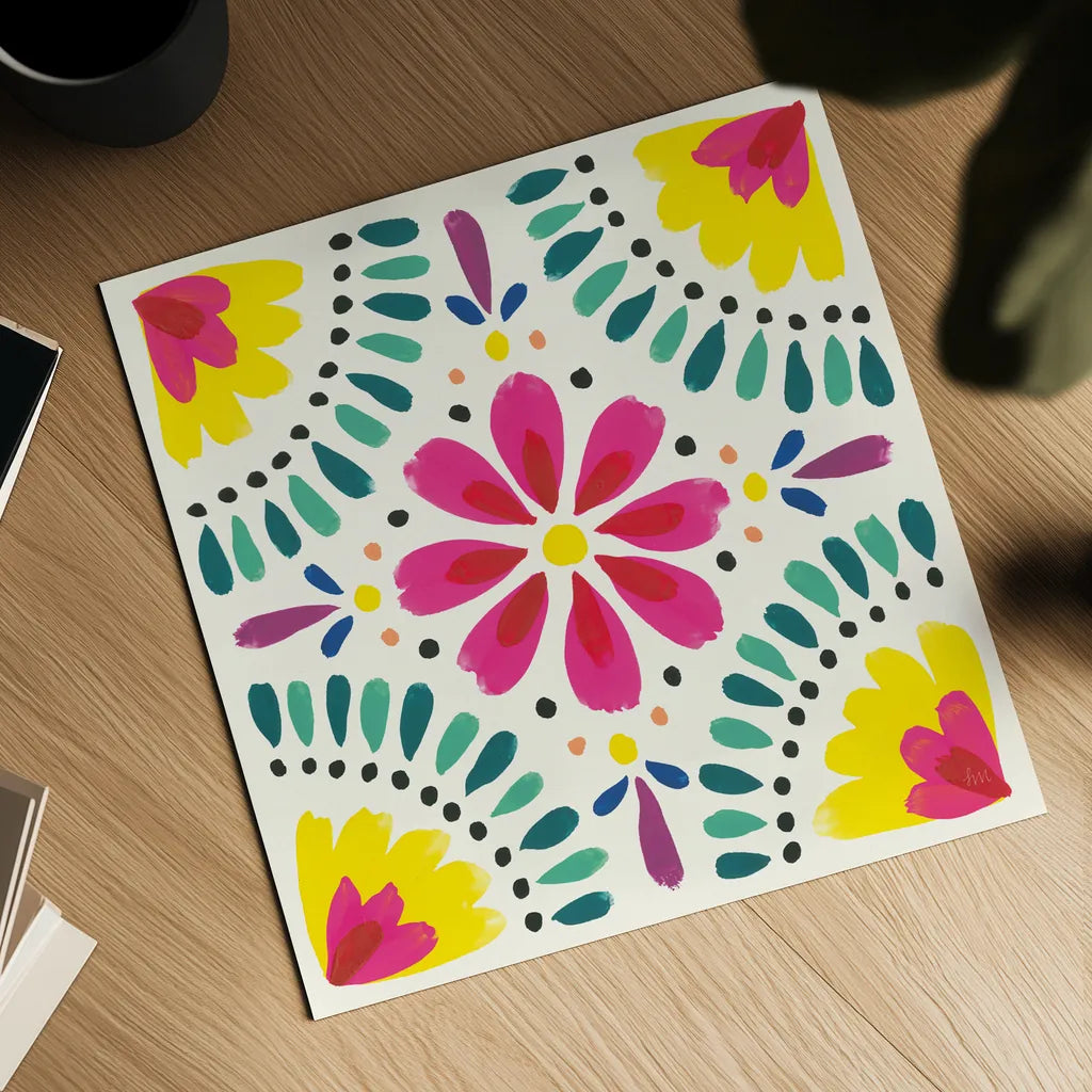 Floral Fiesta White Tile X by Laura Marshall. Shown as a detailed flat fine art print, highlighting archival giclee quality. Available as an archival giclee rolled canvas, fine art paper, or poster print. SKU 41529a.