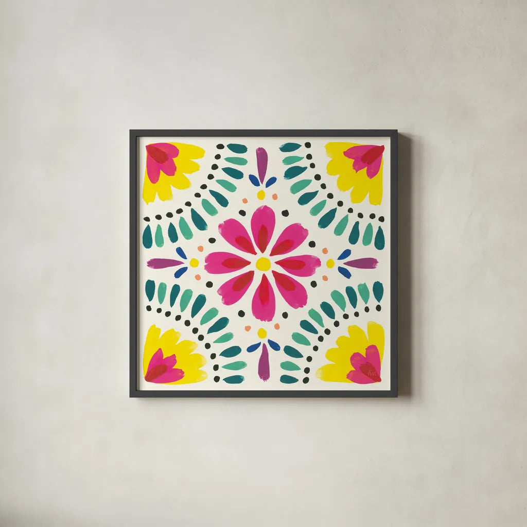 Floral Fiesta White Tile X by Laura Marshall. Shown in a sleek black glass frame for a contemporary gallery look. Available as an archival giclee rolled canvas, fine art paper, or poster print. SKU 41529a.