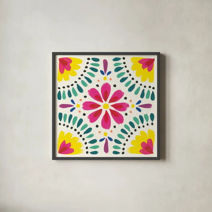 Floral Fiesta White Tile X by Laura Marshall. Shown in a sleek black glass frame for a contemporary gallery look. Available as an archival giclee rolled canvas, fine art paper, or poster print. SKU 41529a.