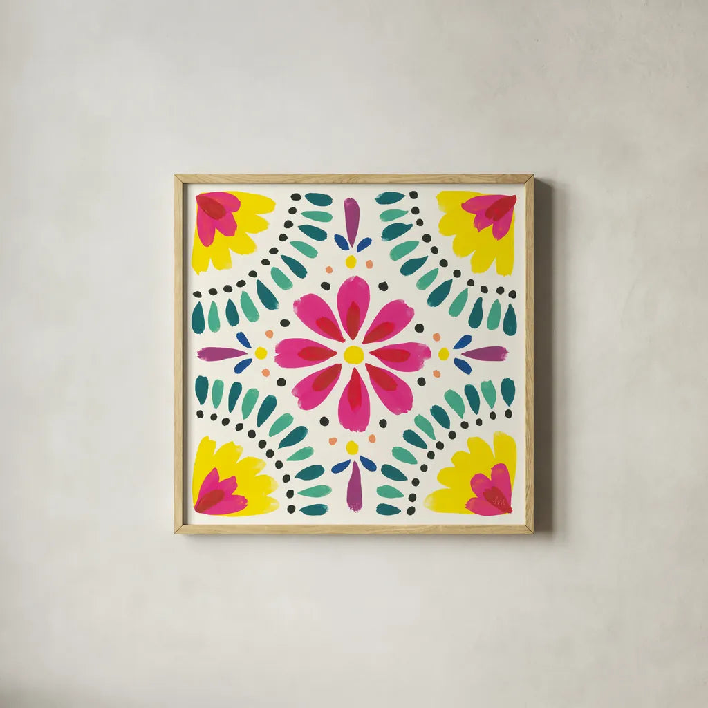 Floral Fiesta White Tile X by Laura Marshall. Shown in a natural wood glass frame for a timeless modern aesthetic. Available as an archival giclee rolled canvas, fine art paper, or poster print. SKU 41529a.