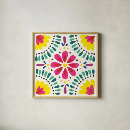 Floral Fiesta White Tile X by Laura Marshall. Shown in a natural wood glass frame for a timeless modern aesthetic. Available as an archival giclee rolled canvas, fine art paper, or poster print. SKU 41529a.