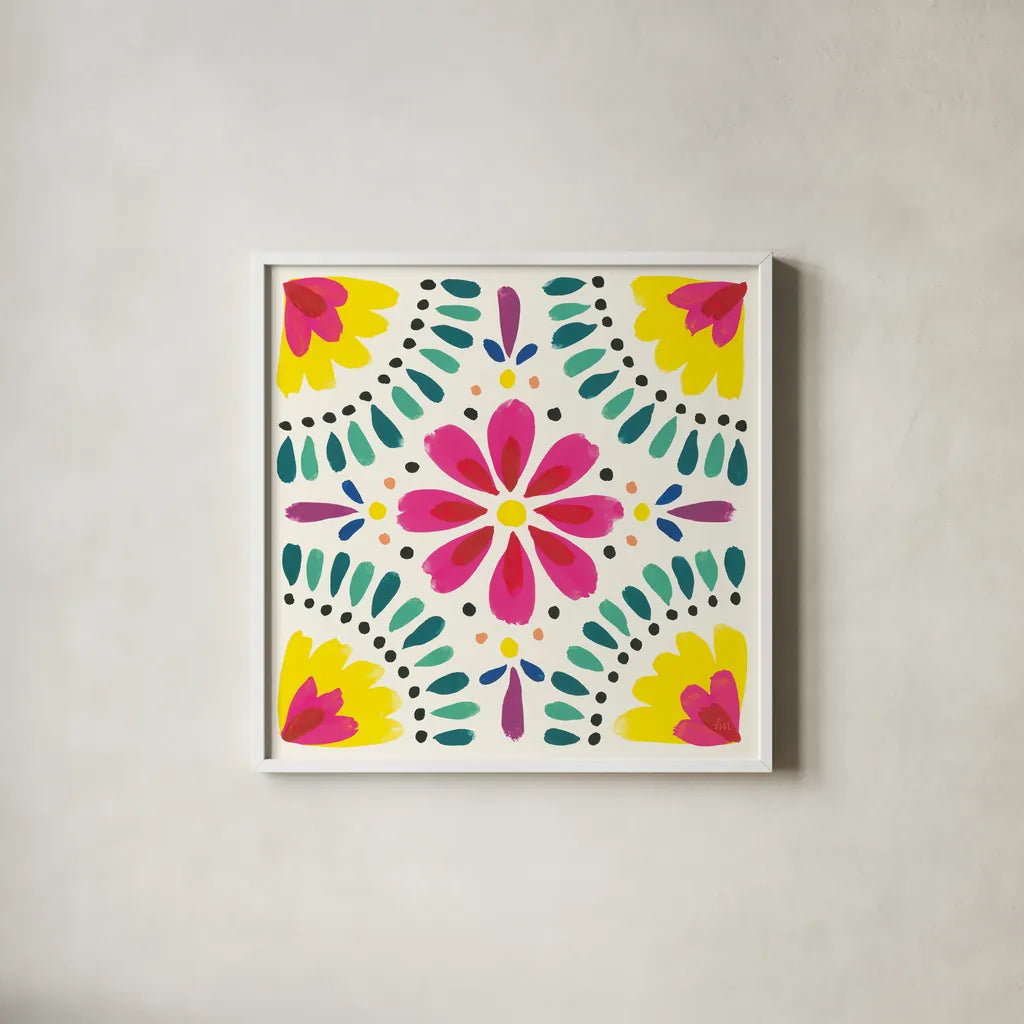 Floral Fiesta White Tile X by Laura Marshall. Shown in a crisp white glass frame for a clean and minimalist style. Available as an archival giclee rolled canvas, fine art paper, or poster print. SKU 41529a.