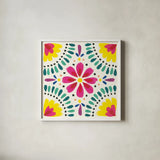 Floral Fiesta White Tile X by Laura Marshall. Shown in a crisp white glass frame for a clean and minimalist style. Available as an archival giclee rolled canvas, fine art paper, or poster print. SKU 41529a.