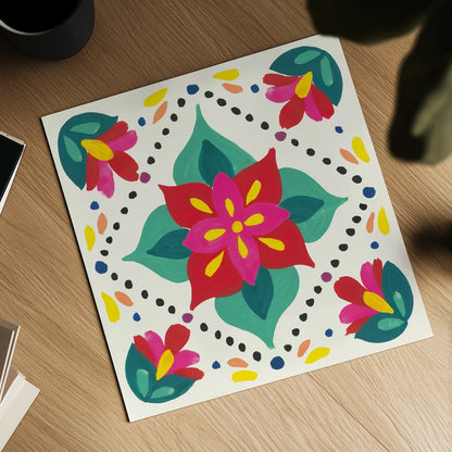 Floral Fiesta White Tile XI by Laura Marshall. Shown as a detailed flat fine art print, highlighting archival giclee quality. Available as an archival giclee rolled canvas, fine art paper, or poster print. SKU 41530a.