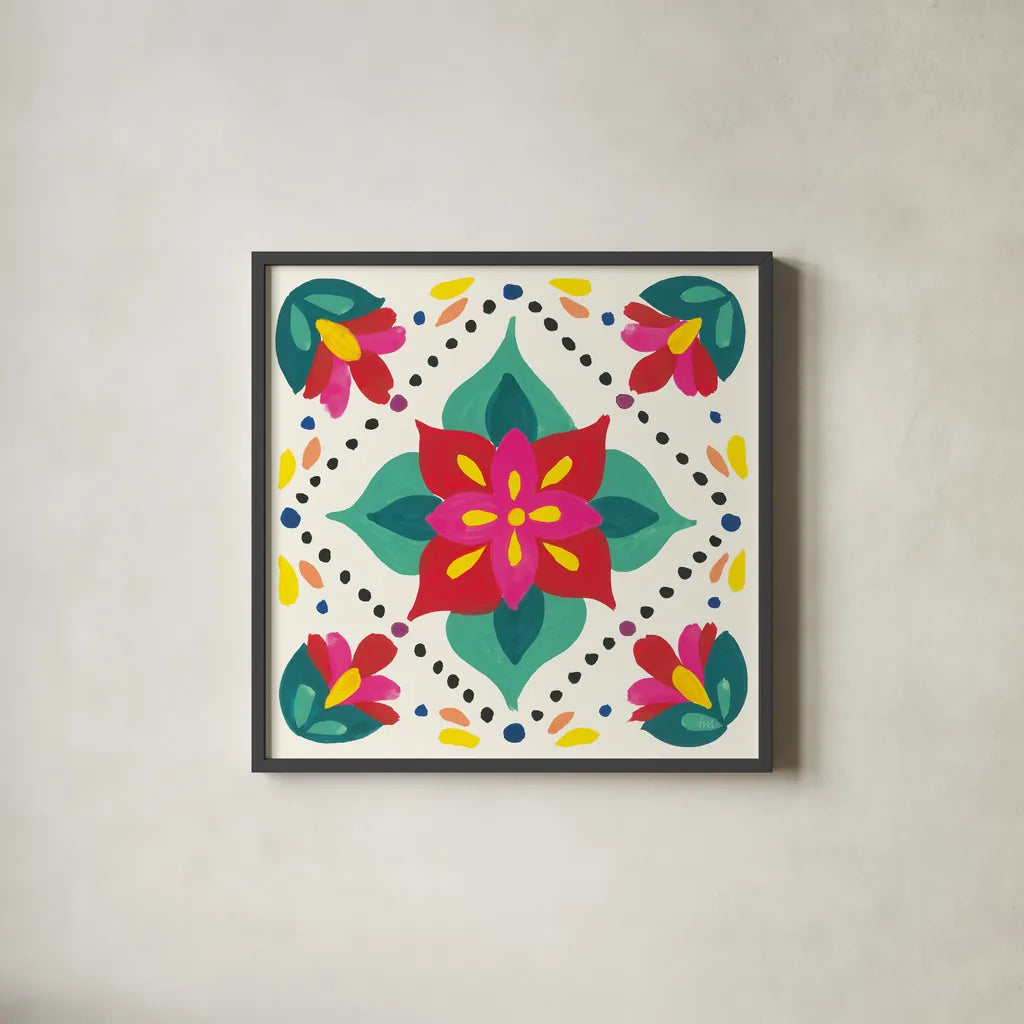 Floral Fiesta White Tile XI by Laura Marshall. Shown in a sleek black glass frame for a contemporary gallery look. Available as an archival giclee rolled canvas, fine art paper, or poster print. SKU 41530a.