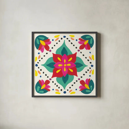 Floral Fiesta White Tile XI by Laura Marshall. Shown in a sleek black glass frame for a contemporary gallery look. Available as an archival giclee rolled canvas, fine art paper, or poster print. SKU 41530a.