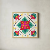 Floral Fiesta White Tile XI by Laura Marshall. Shown in a natural wood glass frame for a timeless modern aesthetic. Available as an archival giclee rolled canvas, fine art paper, or poster print. SKU 41530a.