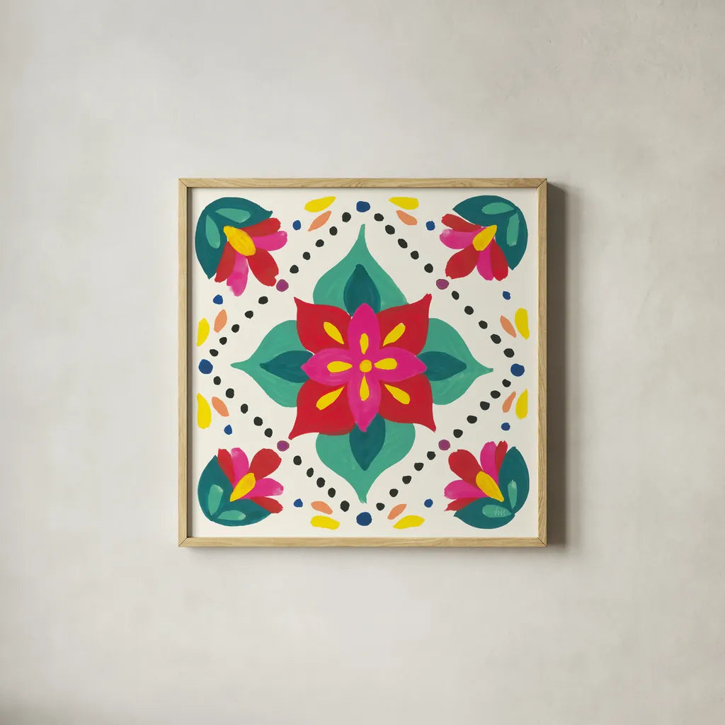 Floral Fiesta White Tile XI by Laura Marshall. Shown in a natural wood glass frame for a timeless modern aesthetic. Available as an archival giclee rolled canvas, fine art paper, or poster print. SKU 41530a.