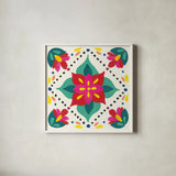 Floral Fiesta White Tile XI by Laura Marshall. Shown in a crisp white glass frame for a clean and minimalist style. Available as an archival giclee rolled canvas, fine art paper, or poster print. SKU 41530a.