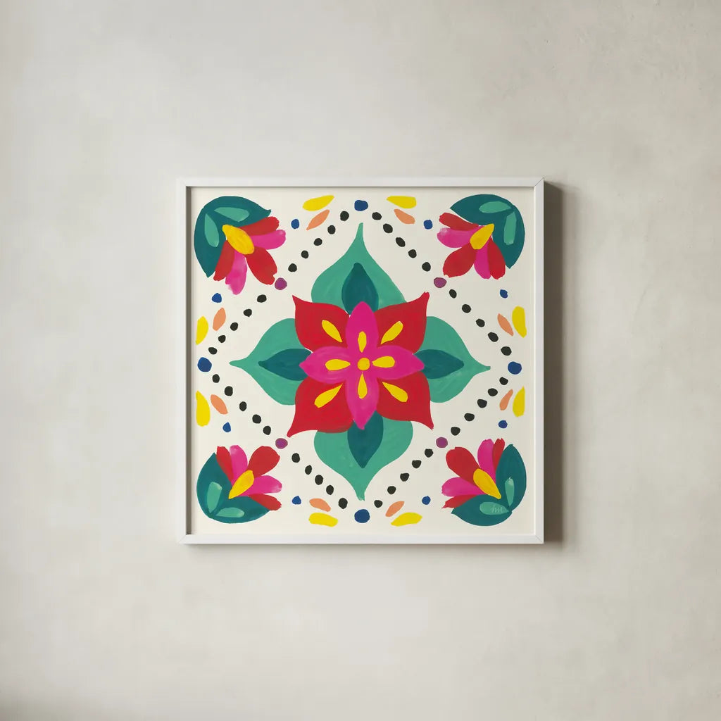 Floral Fiesta White Tile XI by Laura Marshall. Shown in a crisp white glass frame for a clean and minimalist style. Available as an archival giclee rolled canvas, fine art paper, or poster print. SKU 41530a.