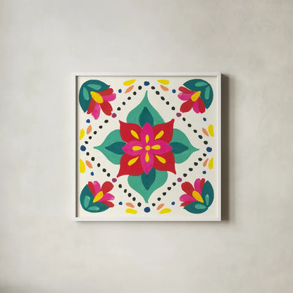 Floral Fiesta White Tile XI by Laura Marshall. Shown in a crisp white glass frame for a clean and minimalist style. Available as an archival giclee rolled canvas, fine art paper, or poster print. SKU 41530a.